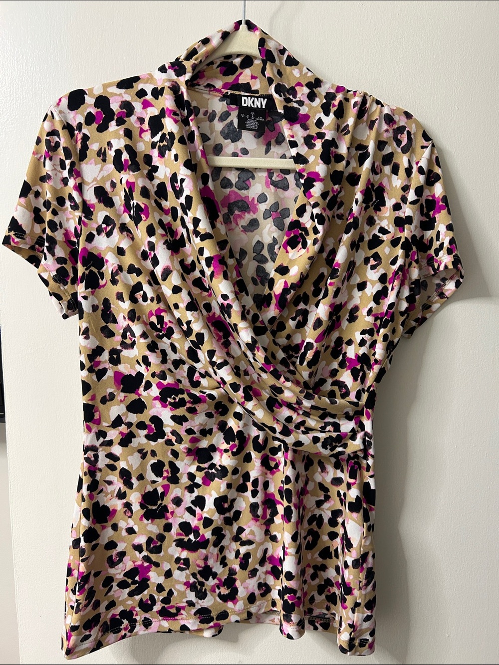 DKNY Beige, Black & Pink Leopard Print Wrap-Style Top